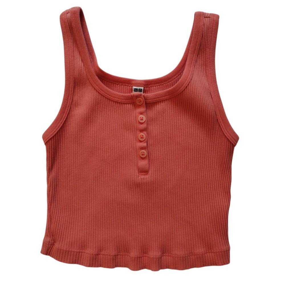 Uni Qlo Tank Top Woman S Orange Cropped Ribbed Front Buttons Boho Beach Travel